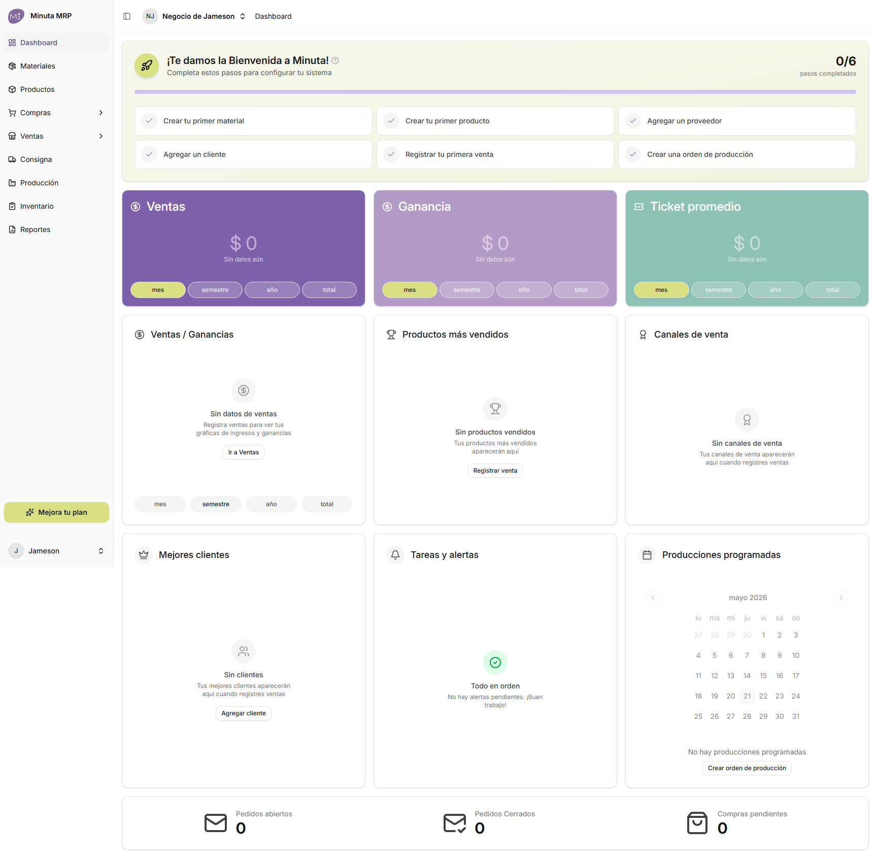 Lista de bienvenida con los seis pasos de configuración inicial