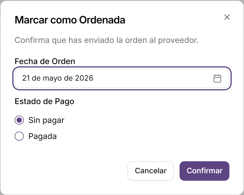 Diálogo para marcar una orden como ordenada