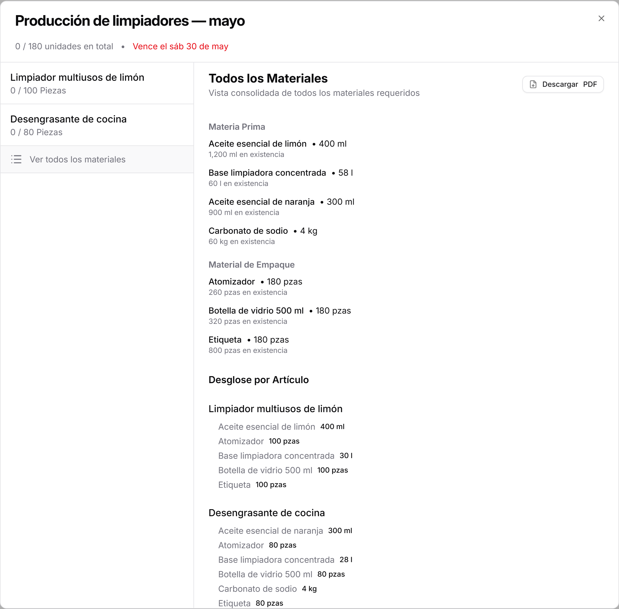 Vista consolidada de todos los materiales de una orden de producción