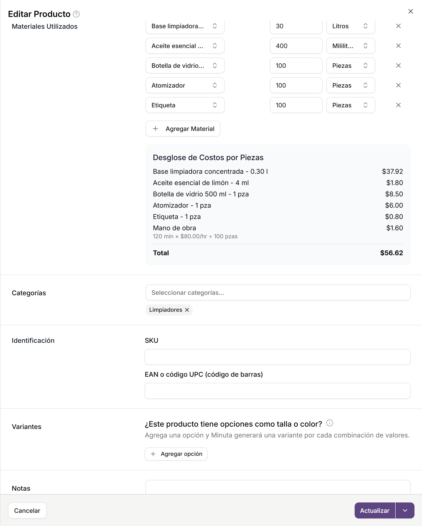 Lista de materiales y desglose de costos de un producto fabricado