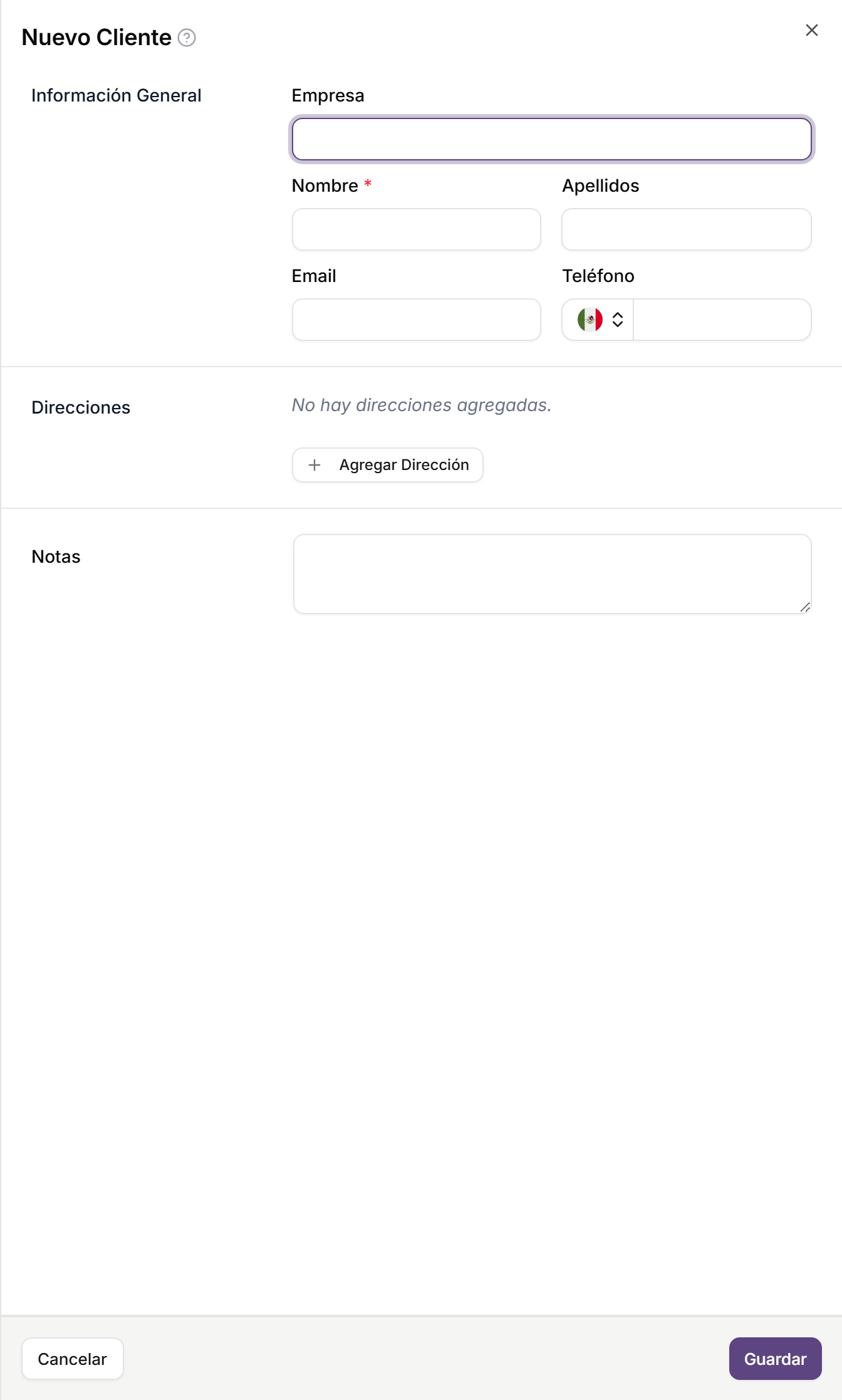 Formulario para crear un cliente